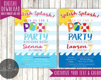 Op de afbeelding: Twee blauw-wit gestreepte zwembadfeestuitnodigingen met een gele zon, een rood-witte reddingsboei en een strandbal. De tekst op de uitnodigingen luidt "Splish Splash! Join us for a Pool Party Birthday Bash!" met de naam Sienna of Lawson en de leeftijd 7.