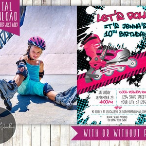 Roller Blading Skating Birthday Invitation, Rollerblade Birthday Invite, Skating Invitation, Roller Blades, ANY COLOR, Photo - Printable DIY