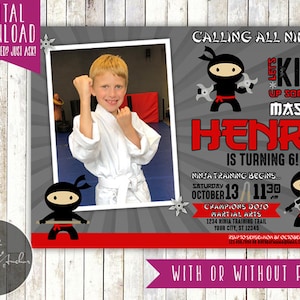 Invito di compleanno ninja, invito per festa ninja, karate, arti marziali, bambino, bambina, qualsiasi colore, foto - stampabile fai da te