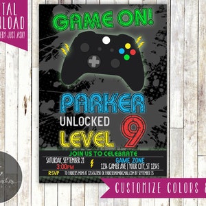 May include: A black and green birthday invitation with a neon green "Game On!" title. The invitation features a black video game controller with colorful buttons and a lightning bolt. The text "Parker Unlocked Level 9" is in a colorful retro font. The invitation includes details for a birthday party, including the date, time, and location.
