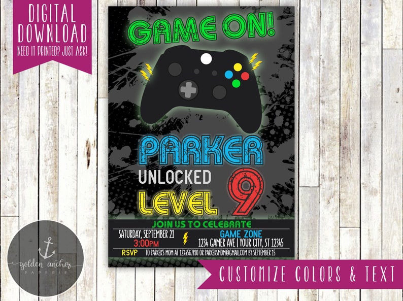 May include: A black and green birthday invitation with a neon green "Game On!" title. The invitation features a black video game controller with colorful buttons and a lightning bolt. The text "Parker Unlocked Level 9" is in a colorful retro font. The invitation includes details for a birthday party, including the date, time, and location.