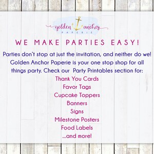 K&ouml;nnte beinhalten: Ein wei&szlig;er Holz-Hintergrund mit einem pinkfarbenen Text&uuml;berlagerung, der "golden anchor paperie WE MAKE PARTIES EASY!" lautet.  Partys h&ouml;ren nicht bei der Einladung auf, und wir auch nicht! Golden Anchor Paperie ist Ihr One-Stop-Shop f&uuml;r alles rund um Partys. Schauen Sie sich unsere Party-Druckvorlagen an: Dankeskarten, Geschenkanh&auml;nger, Cupcake-Topper, Banner, Schilder, Meilenstein-Poster, Lebensmitteletiketten, ...und vieles mehr!