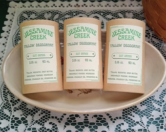 natural tallow deodorant, aluminum free, plastic free, fresh cut grass scent