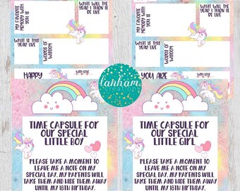 Time Capsule Ideas, Keepsake Time Capsule, Unicorn Time capsule first birthday sign, unicorn birthday party, memory box, letters, 18th birth