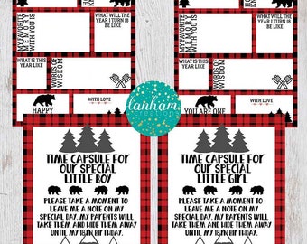 Woodland Birthday Time Capsule, Camping First Birthday Printable, Bear, Trees, Mountains, Red and Black Birthday, Camp Boy Birthday, Buffalo