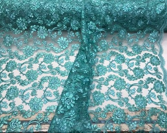 Aqua Floral Design Embroidered with Shiny Sequins and Corded on a Mesh Lace - Sold by the Yard