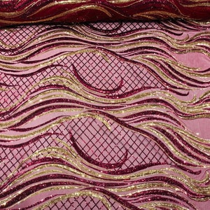 Sequins Fire/Flame Design 4 Way Stretch Mesh-Sold by Yard. Burgundy/Gold