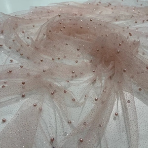 Scattered Pearls Studded with glitter Mesh, 2-Way Stretch, sold by the yard. Blush Pink