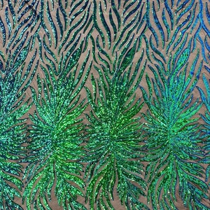 Fire Design Shiny Sequins Design on a 4 Way Stretch Mesh Fabric-Prom-Sold by Yard. Green Iridescent