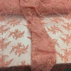 Coral Rosemallow Flower Design Embroidered on a Mesh Lace - Sold by the Yard