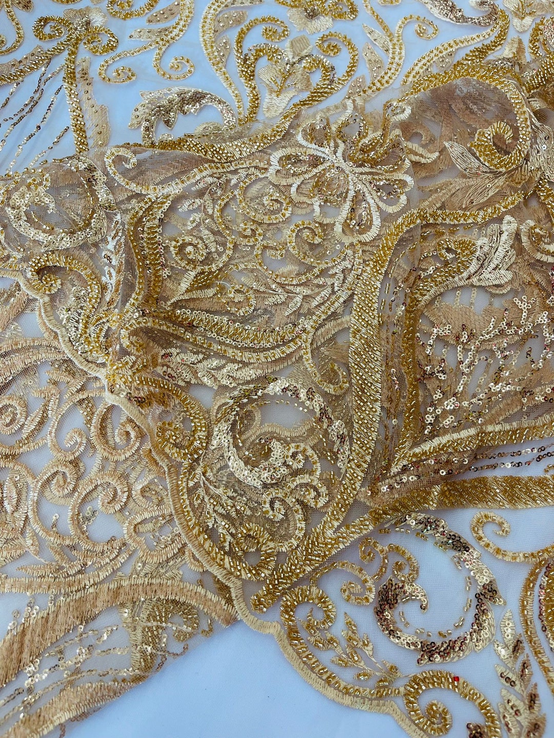 Royalty Fabrics Damask hand beaded design embroider on a mesh lace-prom-sold by the yard. Rose Gold