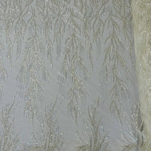 Top Fashion Design Embroider Heavy Beaded on a Mesh Lace Fabric-Sold by Yard. Off White