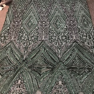Geometric Diamond Design Shiny Iridescent Sequins on a Green 4 Way Stretch Mesh-Dresses-Prom-Nightgown-Sold by Yard-Hunter