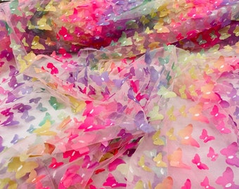3D butterfly metallic design embroider on a mesh fabric - Sold By the Yard . Rainbow