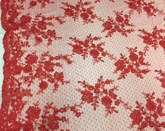 Red Floral Embroidery on a Crisscross Mesh Lace - Sold by the Yard