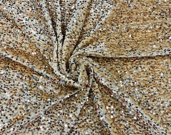 Shiny Sequins on a 2 Way Stretch Velvet. Sold by Yard. Champagne Gold