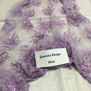 Beaded Design Embroider Beaded Mesh Lace. Wedding/Bridal/Nightgown/Prom fabric. Sold by Yard. Lilac