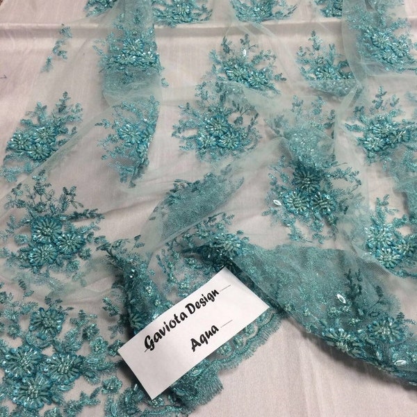 Beaded Design Embroider Beaded Mesh Lace. Wedding/Bridal/Nightgown/Prom fabric. Sold by Yard. Aqua