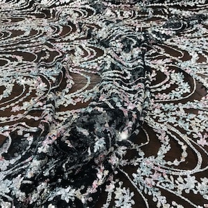 Silver/Pink Glittery Arch Sequin Design on a Black Mesh - Sold by the Yard