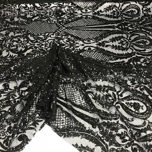 Black Damask Geometric Sequins On Stretch Power Mesh Fabric By The Yard