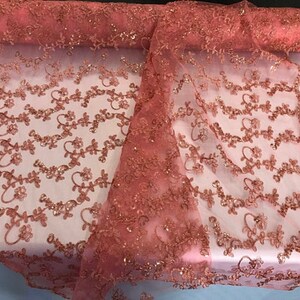 Coral  Metallic Embroidery Sequins Lace On Mesh Fabric By The Yard