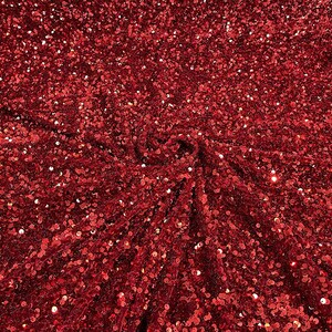 Shiny 5mm Sequin On A 2 Way Stretch Velvet (1 Yard, Dark Red)