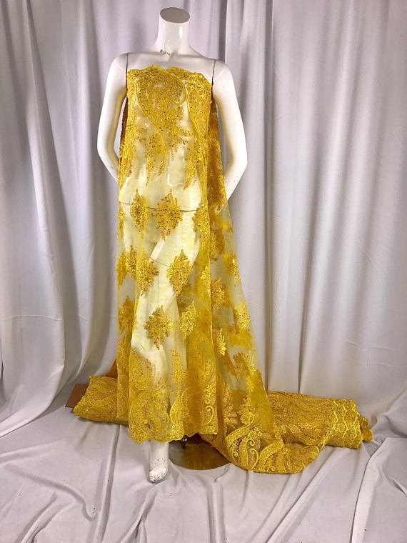 Yellow Floral Design Embroidery and Hand Beaded With Beads and Shiny  Sequins on a Yellow Pattern Mesh Lace-dresses-fashion-sold by the Yard. -  Etsy