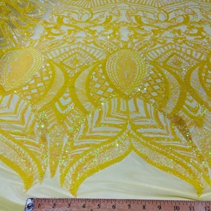 Royalty Design On Yellow 4 Way Stretch Mesh-Prom-Sold by Yard Yellow Iridescent