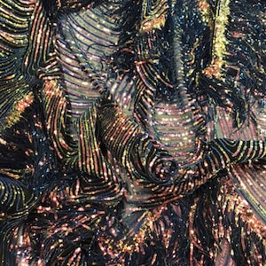 Lavender/Blue Iridescent Sequins On Black Stretch Power Mesh Fabric By The Yard