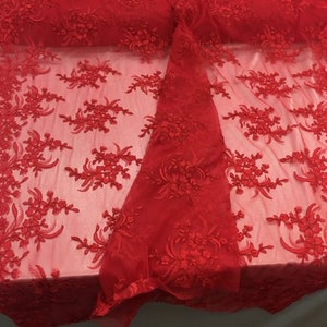 Red Rosemallow Flower Design Embroidered on a Mesh Lace - Sold by the Yard