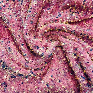 Shiny 5mm Sequin On A 2 Way Stretch Velvet (1 Yard, Clear Iridescent/Pink)