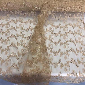 Champagne Metallic Embroidery Sequins Lace On Mesh Fabric By The Yard