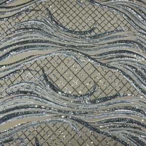 Sequins Fire/Flame Design 4 Way Stretch Mesh-Sold by Yard. Silver Matte/Silver