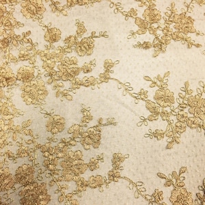Dark Metallic Gold Floral Embroidery on a Crisscross Mesh Lace - Sold by the Yard