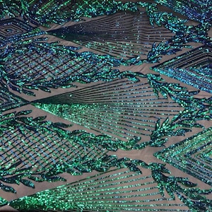 Diamond Design Sequins on a Black 4 Way Stretch Mesh-Dresses-Prom-Nightgown-Sold by Yard Green Iridescent