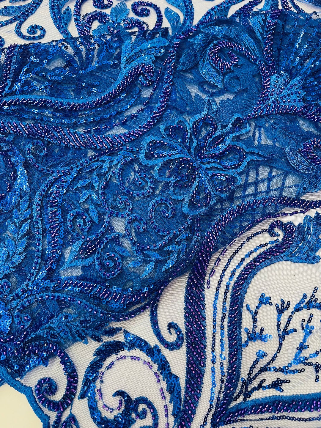 Royal blue floral damask embroider and heavy beaded on a mesh lace fabric-sold by the yard- main image 0