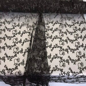 Black Metallic Embroidery Sequins Lace On Mesh Fabric By The Yard