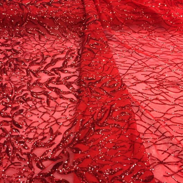 Bright Red Rippling Sequins Embroidered on a Mesh - Sold by the Yard