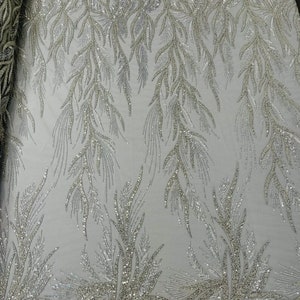 Top Fashion Design Embroider Heavy Beaded on a Mesh Lace Fabric-Sold by Yard. Silver