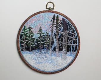 Winter landscape embroidery art, embroidery hoop, hoop art, home decor, painting, needlepainting