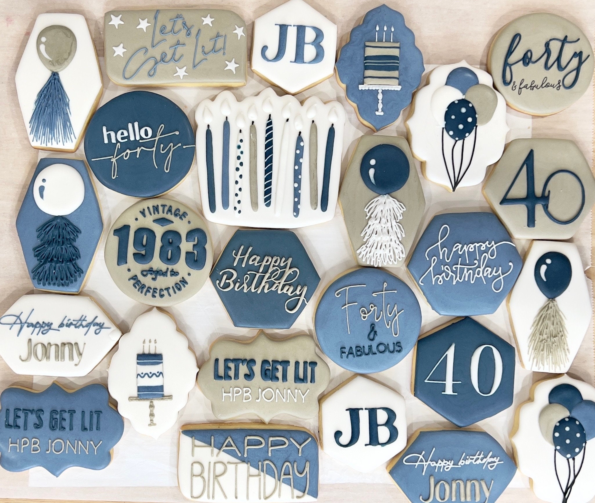 Men birthday party cookies, black and gold royal icing decorated cookies