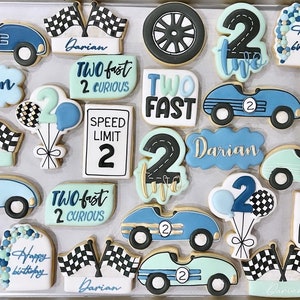 Two fast birthday royal icing cookies, car racing party, car birthday