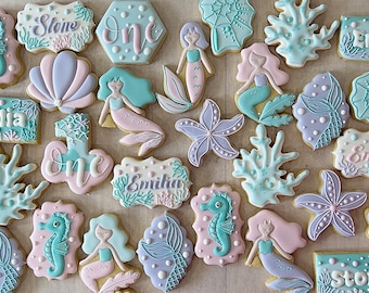 Mermaid royal icing cookies, under the sea cookies, birthday cookie, starfish cookie, seashell cookie
