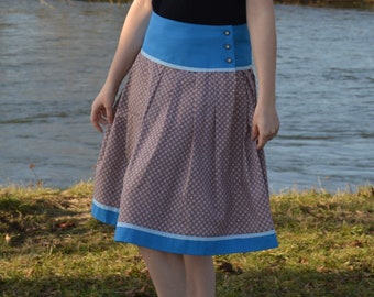 Faltenrock braun-blau, Trachtenrock, weitschwingender Taillenrock, traditioneller, knielanger Damenrock
