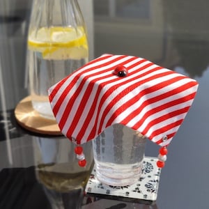 Può includere: Copertura in tessuto a righe rosse e bianche con una coccinella in cima, che copre un bicchiere d'acqua su un sottobicchiere bianco e nero.