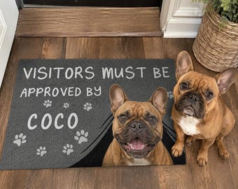 Zerbino personalizzato con bulldog francese, zerbino di benvenuto personalizzato con nome del cane, tappeto divertente per esterni, decorazione per la porta d'ingresso, regalo per amanti degli animali per l'inaugurazione della casa.