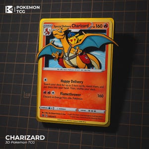May include: A 3D Pokémon TCG card featuring Charizard in a vibrant design. The card showcases Charizard with Pikachu, wings spread, and the text "Special Delivery Charizard 160". The card is on a black surface.