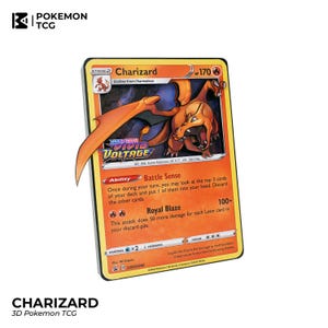 May include: A 3D Pokemon TCG Charizard card. The card features an orange Charizard illustration with the text "Vivid Voltage". The card has a yellow border and includes game information and abilities.