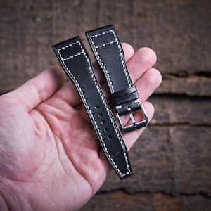 Pilot watch strap for IWC, Aviation watch. Black veg tan leather band aviator pilot design.