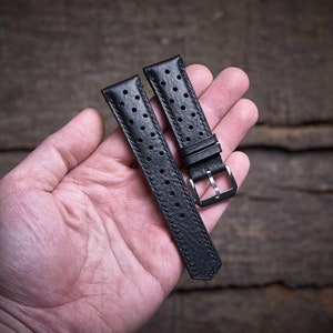 Black vachetta rally watch strap 20mm, 22mm, 24mm, 18mm. Handmade leather black racing watch strap, leather watch band